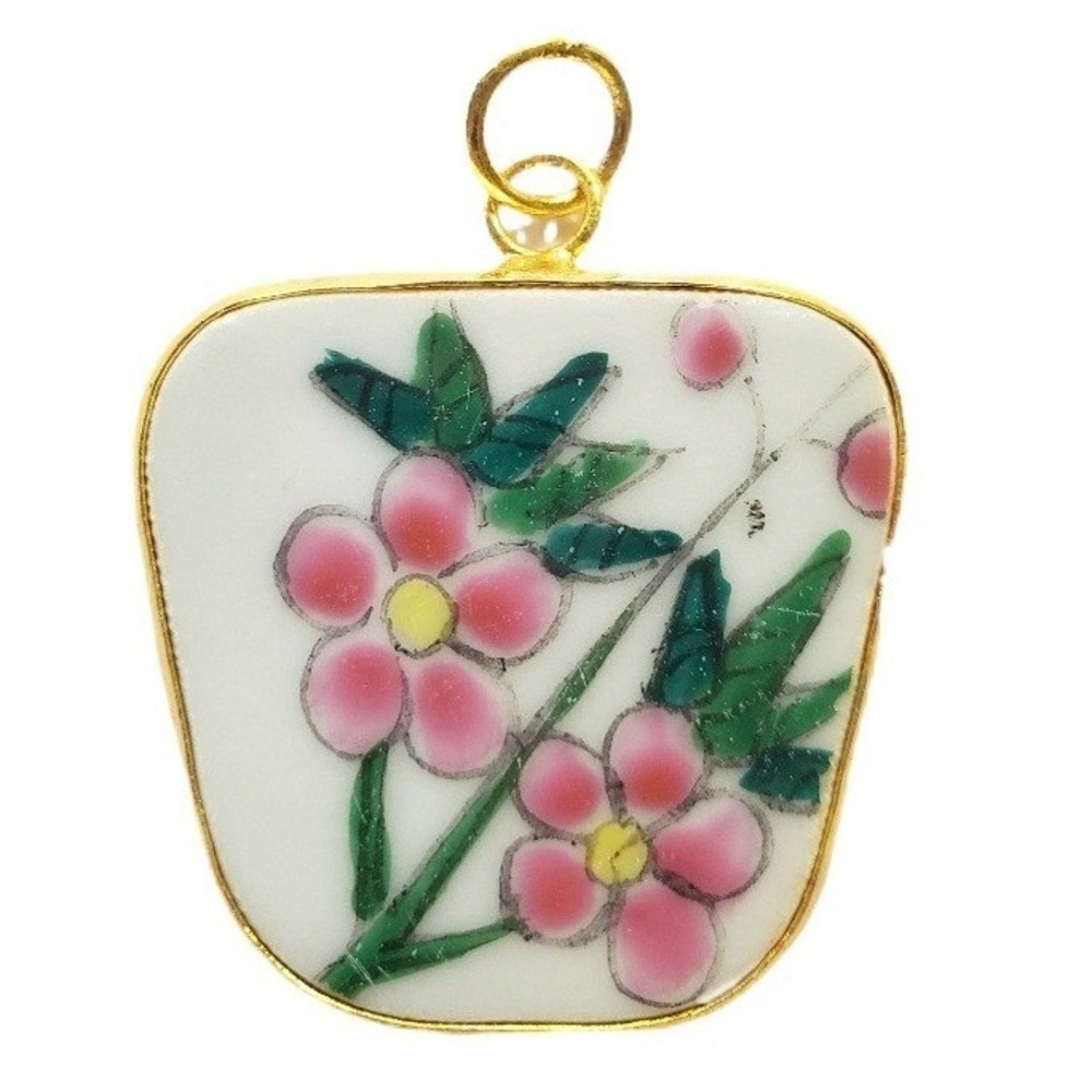 Plum Blossoms Pottery Shard Pendant Gold Tone Vintage Hand Painted‎ Pink Flower
